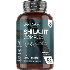 WeightWorld Shilajit Complex 18210mg, 120 Capsule Vegane, 1 al Giorno (per 4 Mesi), con Ashwagandha Bio, Curcuma Bio, Lions Mane Mushroom, Pepe Nero, Shilajit Integratore, Estratto 40:1, Senza Magnesio Stearato