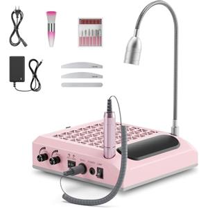 Trsaow Fresa elettrica per unghie 4 in 1, aspiratore professionale per polvere da 30.000 giri/min, potente aspiratore da 80 W, luce LED girevole da 6 W, silenzioso, con 3 lime per salone (Pink)