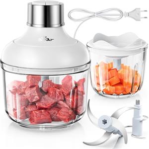 Bear Tritatutto in vetro, 0,6 l + 2 l, 2 livelli di velocità, tritatutto con 4 lame in acciaio inox e tritacarne, contenitore in vetro per carne, alimenti per bambini, frutta, verdura, mini chopper