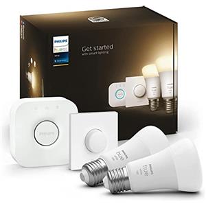 Philips Hue White Starter Kit con 2 Lampadine, con Bluetooth, Dimmerabili, Attacco E27 + 1 Bridge Hue Controllo Completo del Sistema + 1 Telecomando Hue Smart Button, Bianco