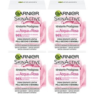 GARNIER SkinActive Crema Viso Idratante Prodigiosa Acqua di Rosa Azione Lenitiva Pelli Secche o Sensibili Formula Dermatologicamente Testata Ingredienti 96% di Origine Naturale-4 Barattoli da 50ml