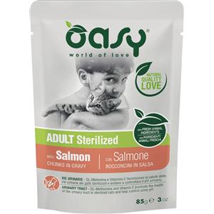 Oasy Cat Bocconcini Sterilized Salmone 85 gr - Cibo Umido Completo per Gatti Adulti Senza Glutine e Conservanti