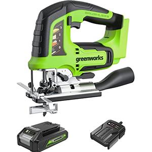 Greenworks GD24JSK2 Seghetto Alternativo a Batteria con 2 Lame, 3000 colpi/min., Base Regolabile Fino a 45°, Attacco Aspiratore PIÙ Batteria 24V 2Ah e Caricabatterie, Garanzia 3 Anni