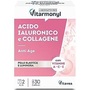 Vitarmonyl Acido Ialuronico e Collagene - Integratore anti-age - Per pelle più elastica, compatta e luminosa - Collagene Integratore - Con Vitamina A, Vitamina C, E - Confezione da 30 capsule - Vitarmonyl