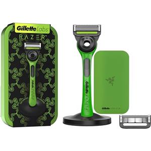 Gillette Labs Rasoio Barba Manuale, 2 Lamette Gillette da Barba di Ricambio, Base Magnetica e Barra Integrata Elimina Impurità, Rasatura Facile, Comfort Ottimale, Custodia da Viaggio, Idea Regalo