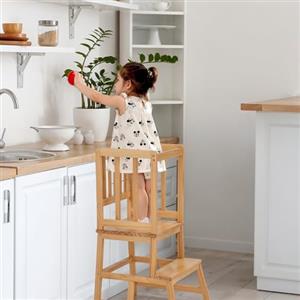 COSYLAND Torre Montessoriana Bambini - Torretta Montessoriana 2 in 1 Multifunzione, Sicura e Antiscivolo, Trasformabile in Scaletta per Cucina e Bagno, da 18 Mesi(Naturale)