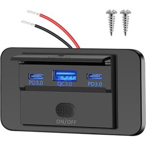 Xahpower Presa USB 12v per Camper, Caricatore Auto Doppia Porta PD3.0 C 30W e QC3.0 18W con Interruttore ON/OFF, Pannello di Alimentazione per Marina, Caravan, Camion, Bus