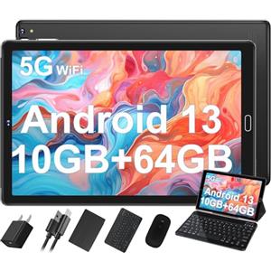 SUAAT 2025 Tablet Android 13 da 10 pollici 10GB RAM + 64GB ROM (1TB TF)| 5G + 2.4G WiFi| GPS | Bluetooth 5.0 | 8MP + 5MP | Touch Tablet con custodia, Nero