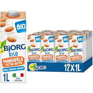 BJORG Bevanda Riso e Mandorla, Bevanda Vegetale Biologica, 100% Ingredienti di Origine Vegetale, Senza Zuccheri Aggiunti, Senza Glutine, Gusto Goloso, Prodotto in Italia, 12 x 1L