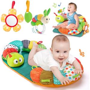 hahaland Giochi Neonato 0-3 6 9 Mesi, 4 in 1 Tummy Time & Supporto Seduto & Tappetino Bruco & Palestrina Neonata con Specchio e Sonaglino, Giocattolo Sensoriale per Neonati, per Sviluppo Precoce