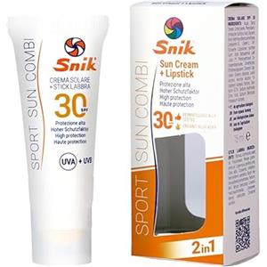 Snik SPORT SUN CREAM COMBI 2in1 | Crema Solare Viso + Lipstick Labbra | Montagna, Sci, Sport Invernali ed Estivi | Protegge da Sole, Vento e Freddo | SPF 30 Alta Protezione UVA + UVB | Tubetto 15 ml.