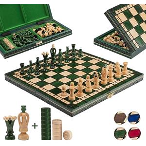 Master of Chess Great KINGDOM 35 cm / 13,8 pollici Set di scacchi in legno fatti a mano con dama/Dama/Dama (verde)