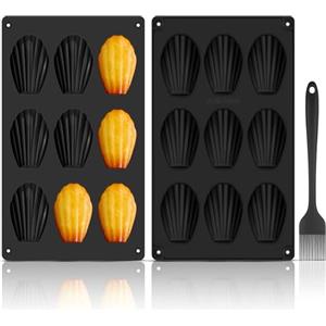 GlasFlength Stampi per Madeleines in Silicone, 2 Pezzi Stampo Madeleine 9 Cavità Antiaderente Madeleine Stampo da Forno con Spazzola per Madeleine Biscotti Caramelle Cioccolato Torta (nero)