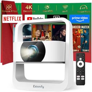 Eeenfy [App Integrata] Eeenfy Proiettore Portatile, Smart Proiettore TV con 500ANSI, App Store,1080P, E-Focus/Keystone, Proiettori WiFi Bluetooth, Videoproiettore 4K per Home Cinema, Venus V1 Pro, Bianco