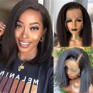 CLASSINE Parrucca Donna Capelli Veri Umani 180% Density Parrucche Capelli Veri Donna 13x4 Yaki BoB Human Hair Wig Kinky Straight Lace Frontal Wigs For Black Women Human Hair Nero Naturale 14INCH