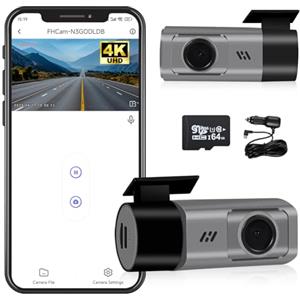 XYBkey Dash Cam per auto WiFi 4K HD, Dash Cam anteriore per auto, con scheda SD da 64 GB, visione notturna, monitoraggio del parcheggio, WDR, registrazione in loop, sensore G, app