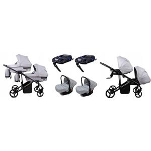 BabyLux® Bambini Passeggino per gemelli Completo Set 4 in 1 - Duo | Silver - incl. Navicella, Canna, Seggiolino Auto, ISOFIX Base - Carrozzina Neonati Sistema Combinato - con Borsa fasciatoio ecc.