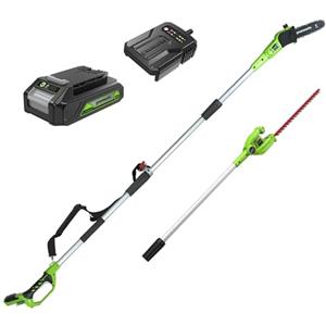 Greenworks G24PSHK2 Sega ad Asta e Tagliasiepi ad Asta 2 in 1 a Batteria, con Tracolla, Barra della Sega ad Asta 20cm, Lame Tagliasiepi ad Asta a Doppia Azione 51cm, Batteria 24V 2Ah e Caricabatterie