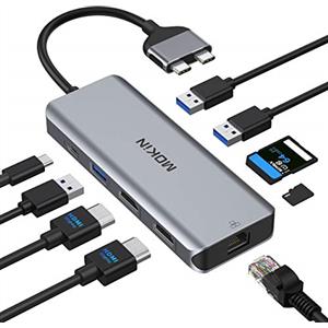 MOKiN Adattatore 9 in 1 per docking station per MacBook Pro, doppio monitor, adattatore USB C per MacBook Pro Air Mac HDMI Dongle Dual USB C a Dual HDMI Ethernet 3USB SD/TF100W PD, grigio