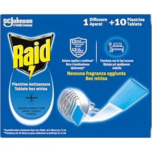 Raid Piastrine Antizanzare, Azione prolungata,1 Diffusore + 10 Ricarica | Inodore, Area di Utilizzo Interno / Esterno