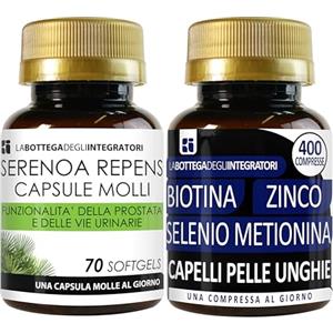 LABOTTEGADEGLIINTEGRATORI Set di Integratori Serenoa 70 Softgels + Biotina Zinco Selenio Metionina 400 Compresse | Capelli Pelle Unghie LA BOTTEGA DEGLI INTEGRATORI