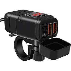 Kriogor - Caricabatteria da auto, presa USB QC 3.0 e voltmetro LED 6-30 V, adattatore USB impermeabile per moto IP65 con interruttore on/off, per SUV marini da barca 12 V (rosso)