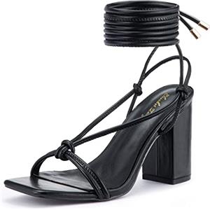 Zhabtuc Donna Moda Tacco Alto Sandali,Tacco a Blocco Eleganti Sandali Estivi Sandali Punta Quadrata Sandali con Lacci Alla Caviglia Avvolgenti per Feste di Nozze Nero EU42