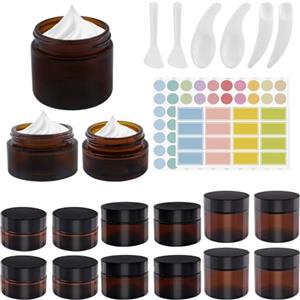 TOKSEO 15 barattoli vuoti in vetro ambra, 20 ml/30 ml/60 ml, con adesivo e cucchiaio, contenitori per crema da riempire, contenitori in vetro marrone per cosmetici, creme essenziali, lozioni