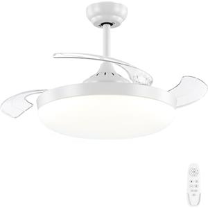 AUTODAY 108cm Ventilatore da soffitto retrattile con luce e telecomando, Ventilatore da soffitto bianco dimmerabile con LED da 36W, 3 pale invisibili, 6 velocità, silenzioso per camera da letto