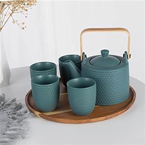 KOPYFANTAP Servizio da Tè per Adulti，Set da Tè Verde in Ceramica Giapponese,1 Teiera e 4 Tazze da Tè con Geometrico in Rilievo,900ml