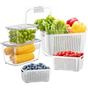 Luxear Set di 3 Contenitori Verdura Frutta per Frigorifero, Contenitore Alimentari Ermetico con Scolapasta e Coperchio 4 L+1,7 L+0,5 L, Contenitori Plastica Senza BPA per Insalata Formaggio, Bianco