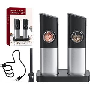 CIRCLE JOY Set Macina Sale e Pepe Elettrico Macinaspezie a Gravità con Doppia Stazione di Ricarica, Contenitore da 100ml, Coperchio Antipolvere, Spazzola, Luce LED Bianca e Rugosità Regolabile