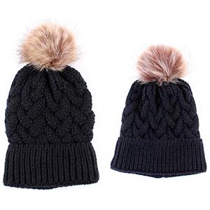 Winmany 2PCS Cappello da Bambino Berretto in Maglia per la Mamma e Il Bambino Berretto da Abbinare alla Famiglia Cappello da Sci Invernale (Nero)