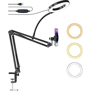 MONTIHOLD Supporto per fotocamera in testa con anello luminoso, treppiede per webcam del telefono, braccio a forbice regolabile per braccio di sospensione