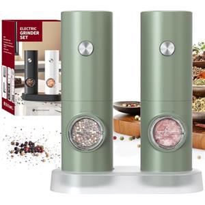 CIRCLE JOY Set Macina Sale e Pepe Elettrico a Batteria Macinaspezie con Base, Luce LED Bianca e Rugosità Regolabile, Verde