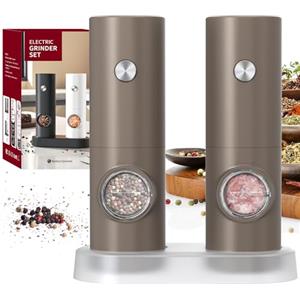 CIRCLE JOY Set Macina Sale e Pepe Elettrico a Batteria Macinaspezie con Base, Luce LED Bianca e Rugosità Regolabile, Marrone