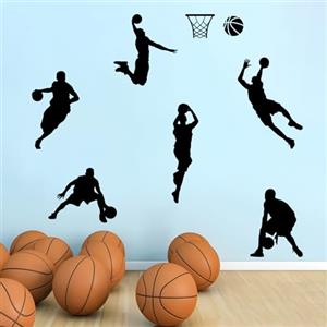 Quanyuchang Adesivi da parete in vinile con immagine di pallacanestro, giocatore di basket, 6 persone che giocano a basket, per fan di basket, camera da letto, dormitorio, sala giochi, stadio,
