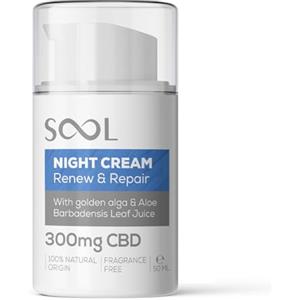 SOOL Crema Viso Notte Renew & Repair 300 mg CBD, 50 ml | Crema Riparatrice Cellulare per Tutti i Tipi di Pelle | Migliore Crema Notte per il Viso con Alga Dorata