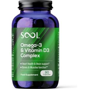SOOL Omega 3 e Vitamina D3 Complesso in Softgel, 90 Capsule | 20% EPA e 50% DHA | Integratore Omega-3 Due al Giorno | Vitamina D3 2000UI per Porzione