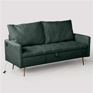 MEUBLE COSY Divano 2 Posti in Velluto con Porte USB e Spazio di Stoccaggio per Soggiorno, Appartamento, Piccolo Spazio, Struttura in Legno Massello, Gambe in Metallo, Verde