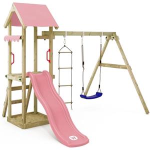 Wickey Gioco da giardino WICKEY TinyCabin con altalena e scivolo rosa pastello, struttura da esterno per bambini con sabbiera, scaletta e accessori da gioco