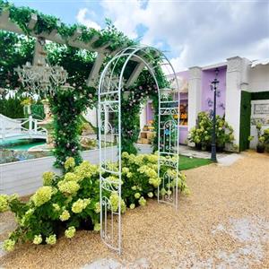 SCENDOR GARDEN Arco bianco per matrimonio, 242 x 114 x 35,5 cm, arco da giardino in metallo con elegante curva per piante rampicanti, rose, viti, prato, giardino, patio, cerimonia all'aperto