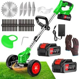 Tucssarg Decespugliatore a Batteria 21V Tagliabordi a Batteria, Tagliabordi Elettrico2 4.0Ah Batterie e 4 Tipi di Lame, Ruote Rimovibili, Maniglia Telescopica Tagliaerba Senza Fili per Giardino Prati, Arbusti