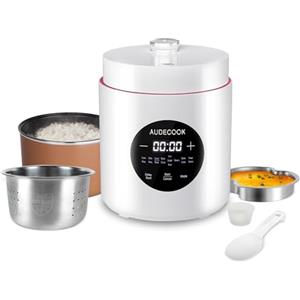 Audecook Cuociriso Elettrico Piccolo da 1,5 L con Funzione Low Carb e Vaporiera, Mini Rice Cooker con 7 Funzioni, Multicooker Digitale, Timer, Funzione di Mantenimento in Caldo (Bianca)