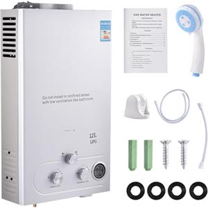 Teodute GPL 12L Scaldabagno a Gas Propano, Scaldabagno Istantaneo Senza Serbatoio da 24KW con Kit Doccia, Bruciatore per Caldaia per Campeggio, Camper, Casa(Argento)