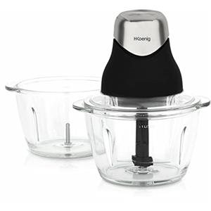 H.Koenig Mini Tritatutto elettrico Nero opaco LEO9 2 Ciotole di vetro graduata resistente 1L Lame in acciaio inox, facile da usare, verdure, spezie, frutta secca, coperchio per conservazione