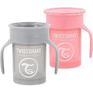 Twistshake Tazza 360, confezione da 2, a prova di perdite, 230 ml, per bambini, a prova di perdite, senza BPA, per bambini, per imparare a bere i bambini, grigio rosa