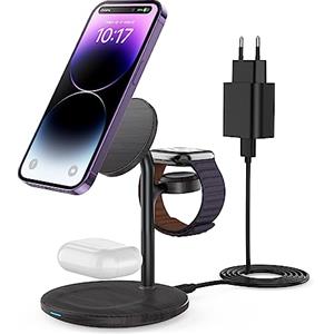 DEESOOCO Stazione di ricarica 3 in 1 per Apple Watch e iPhone, induttiva, compatibile con iPhone 15 14 13, Apple Watch Ultra9/8, caricatore senza fili, AirPods 3/2/Pro