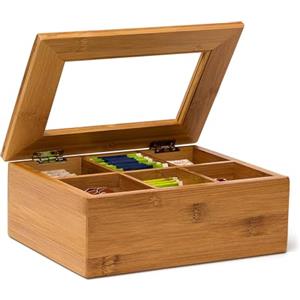Relaxdays Scatola Porta The con 6 Scompartimenti, Coperchio in Vetro Salva Aroma, in Legno di Bambù, 9 X 28 X 16 cm, Naturale