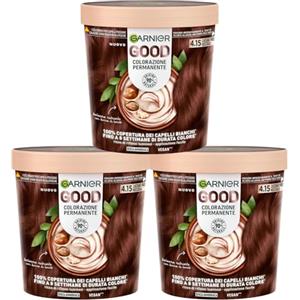 Garnier Good Tinta Colorazione Permanente Fino a 8 Settimane Colore Brillante e Luminoso Copre il 100% dei Capelli Bianchi Formula Vegana Senza Ammoniaca 4.15 Castano Freddo Nocciola - 3 Confezioni